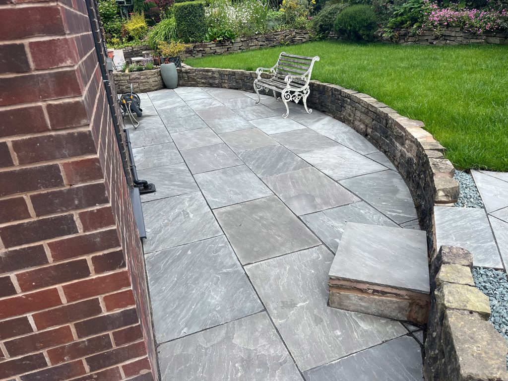 Stone terrace behind house