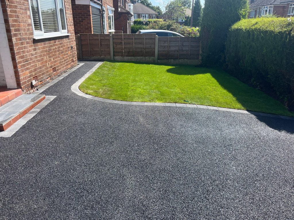 Tarmac driveway, pewter border, re-lay turf