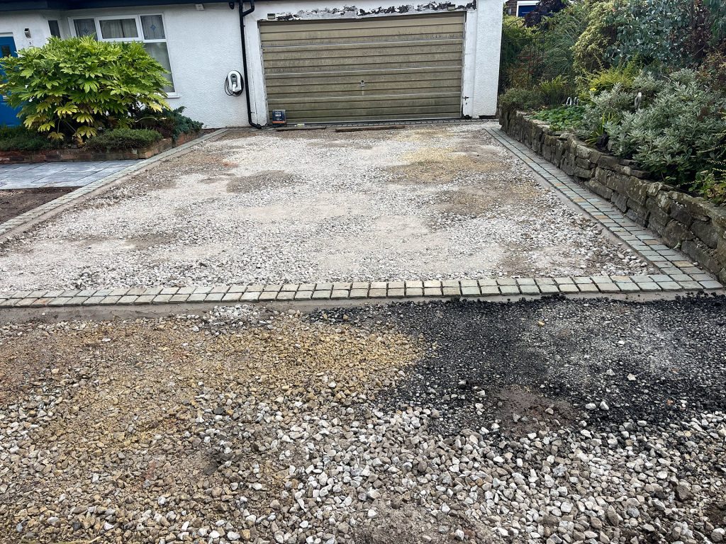 Compacted MOT and pewter cobblestone border ready for the tarmac base