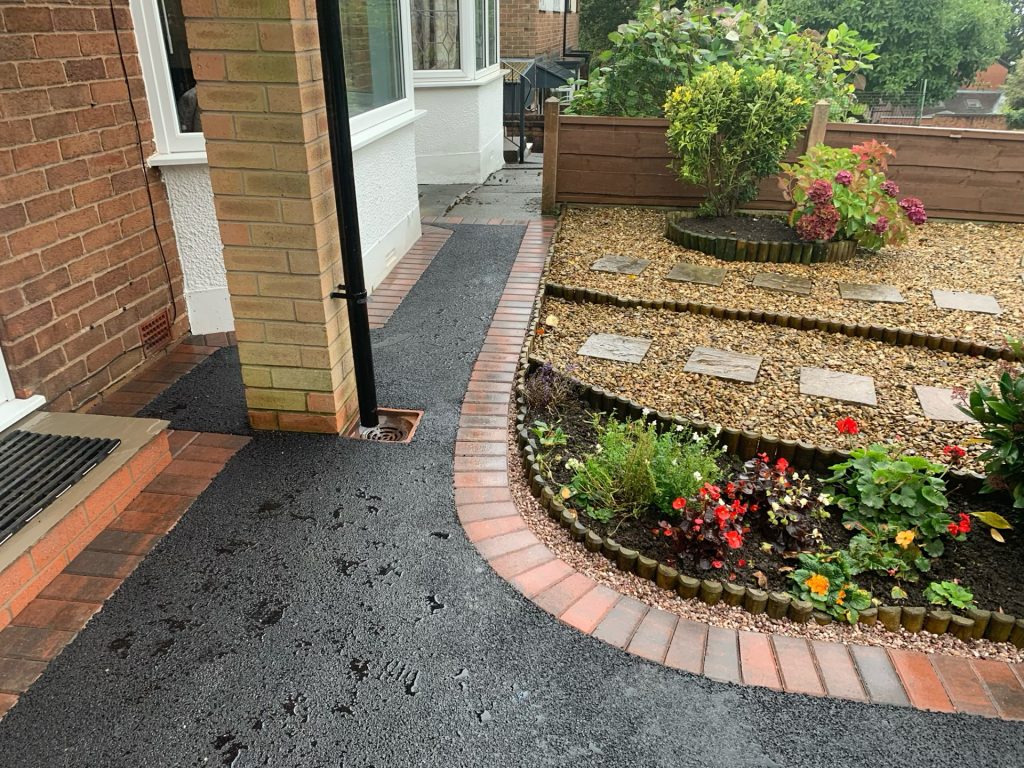 Tarmac front entrance with a block paved border, Rushton Drive, Marple, Stockport