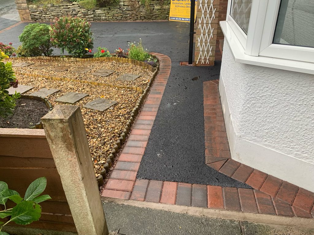 Tarmac pathways with a block paved border, Rushton Drive, Marple, Stockport